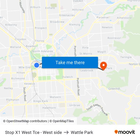 Stop X1 West Tce - West side to Wattle Park map