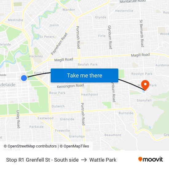 Stop R1 Grenfell St - South side to Wattle Park map