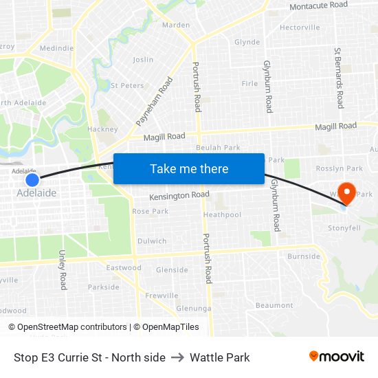 Stop E3 Currie St - North side to Wattle Park map