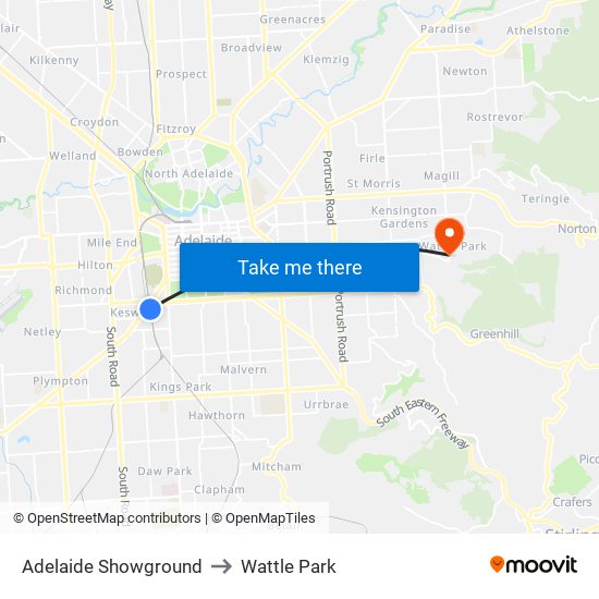 Adelaide Showground to Wattle Park map