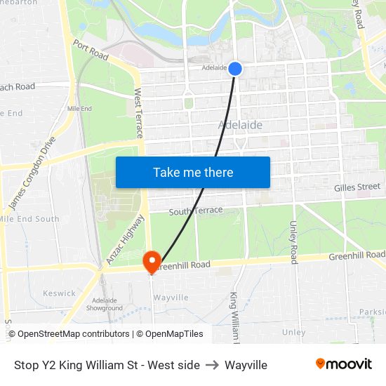 Stop Y2 King William St - West side to Wayville map