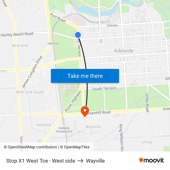 Stop X1 West Tce - West side to Wayville map