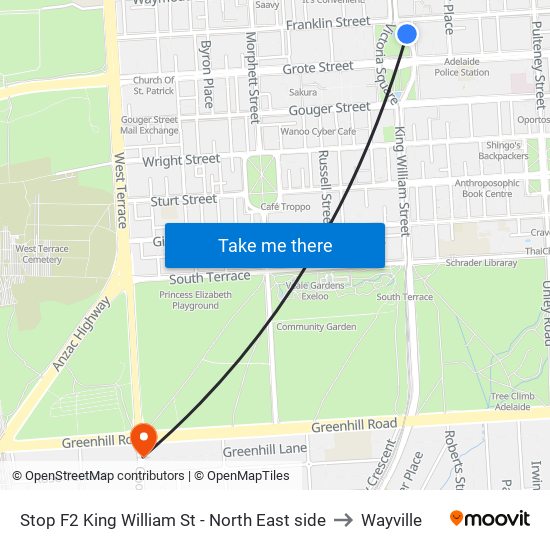 Stop F2 King William St - North East side to Wayville map