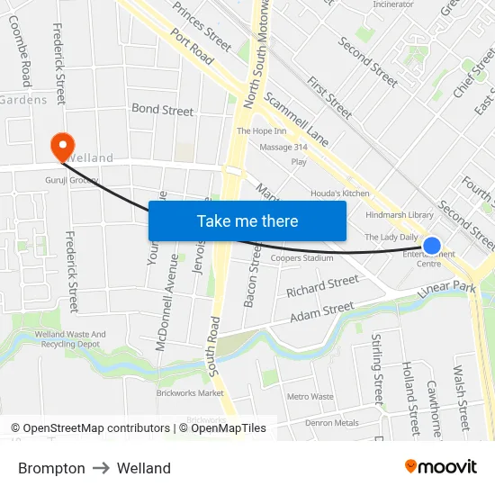 Brompton to Welland map