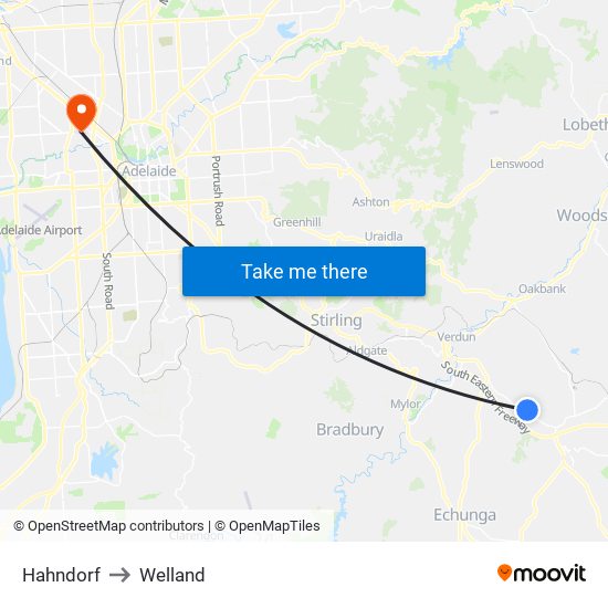 Hahndorf to Welland map