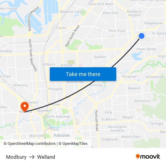 Modbury to Welland map