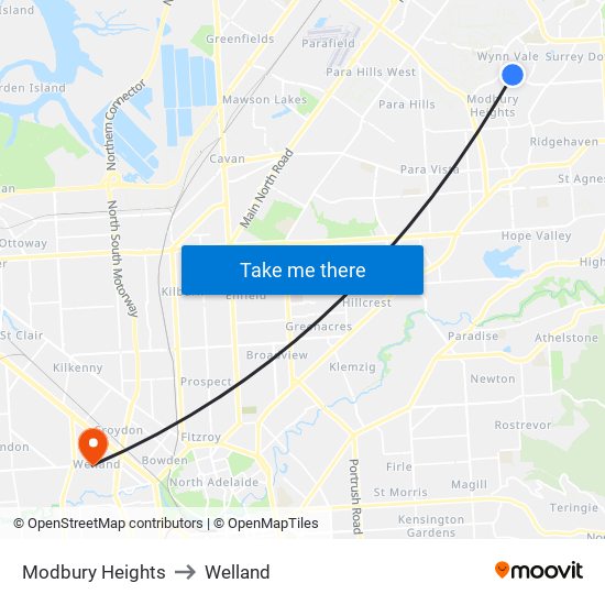 Modbury Heights to Welland map