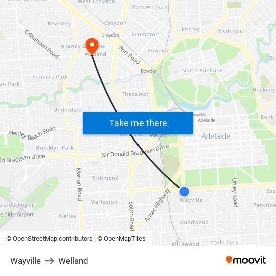 Wayville to Welland map