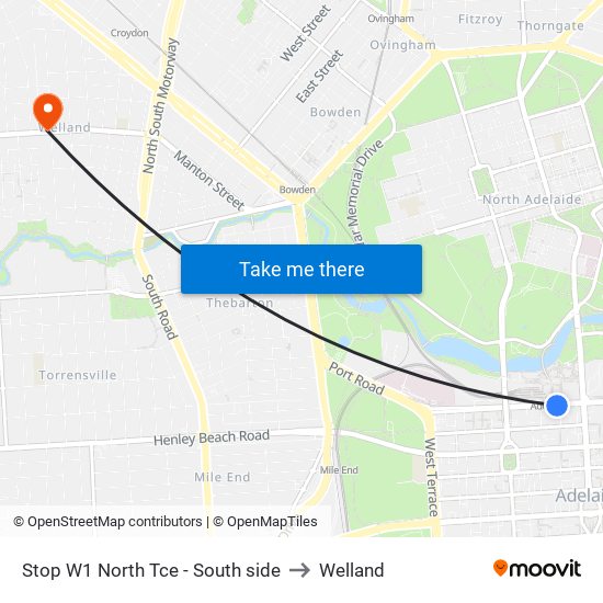 Stop W1 North Tce - South side to Welland map