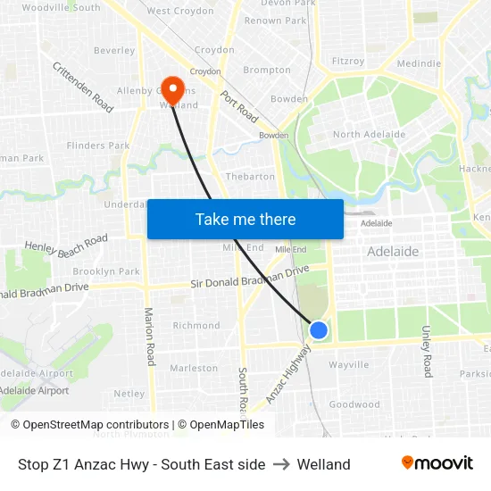 Stop Z1 Anzac Hwy - South East side to Welland map