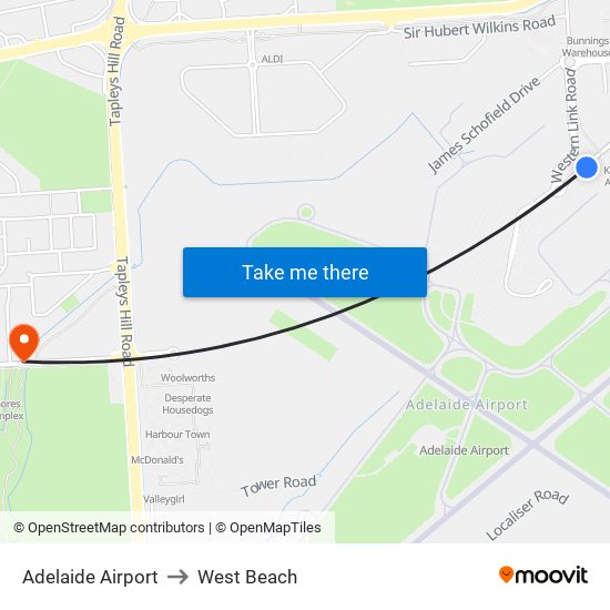 Adelaide Airport to West Beach map