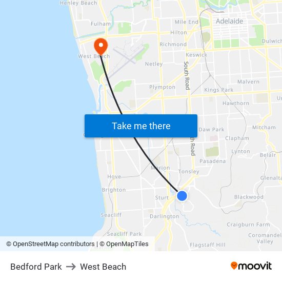 Bedford Park to West Beach map