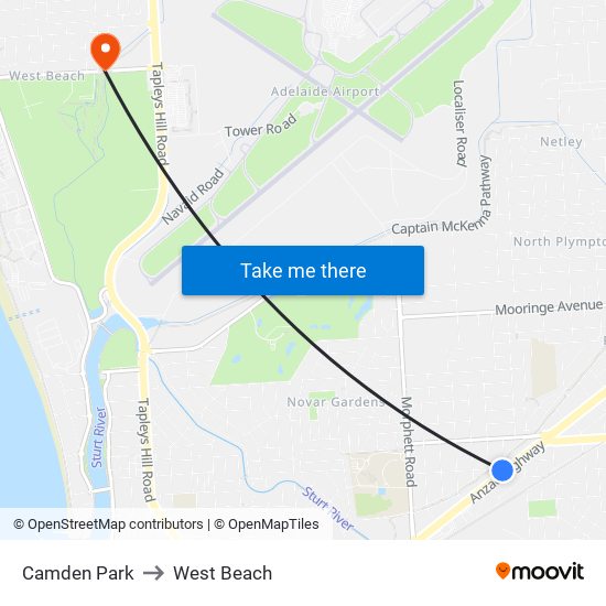 Camden Park to West Beach map