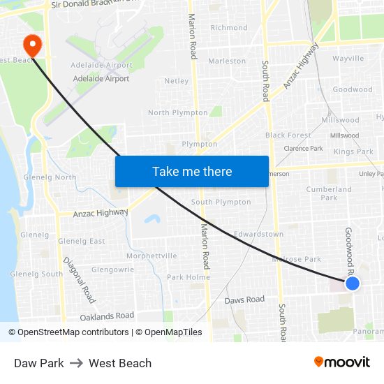 Daw Park to West Beach map