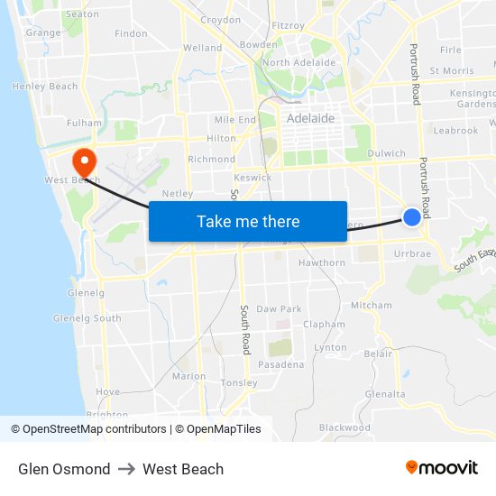 Glen Osmond to West Beach map
