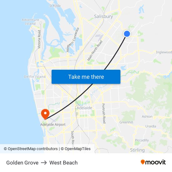 Golden Grove to West Beach map