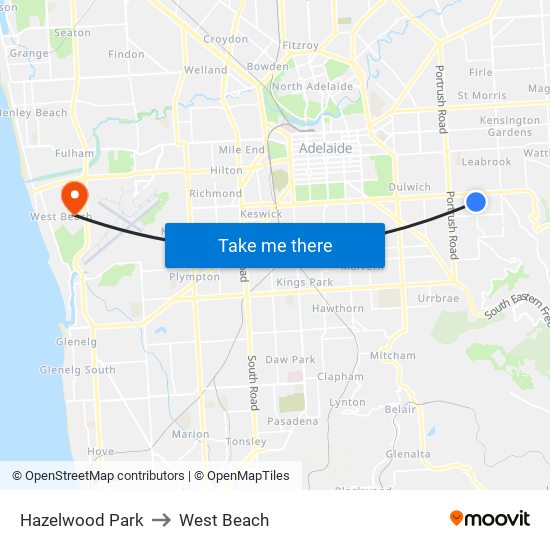 Hazelwood Park to West Beach map