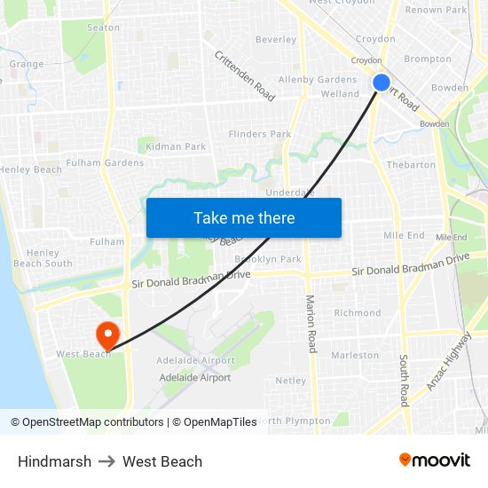Hindmarsh to West Beach map