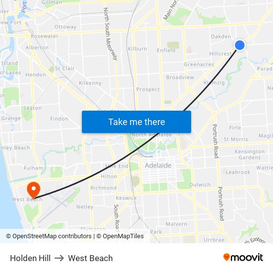 Holden Hill to West Beach map