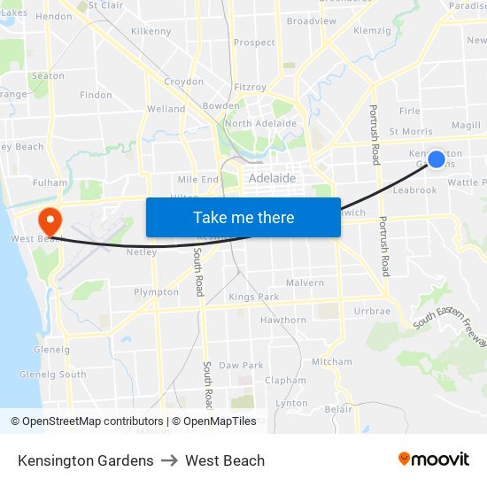 Kensington Gardens to West Beach map