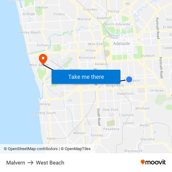 Malvern to West Beach map