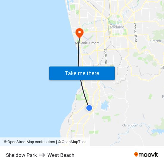 Sheidow Park to West Beach map