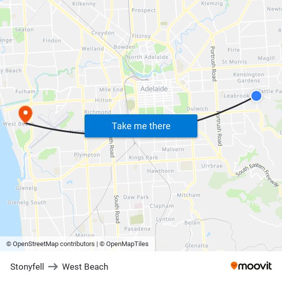 Stonyfell to West Beach map