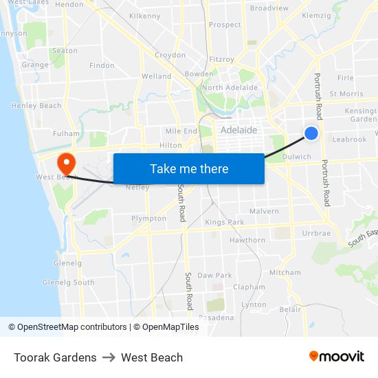 Toorak Gardens to West Beach map