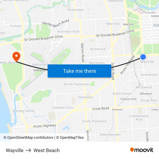 Wayville to West Beach map