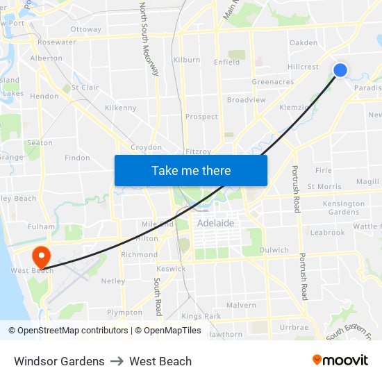 Windsor Gardens to West Beach map