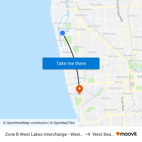 Zone B West Lakes Interchange - West side to West Beach map