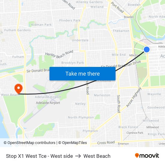 Stop X1 West Tce - West side to West Beach map