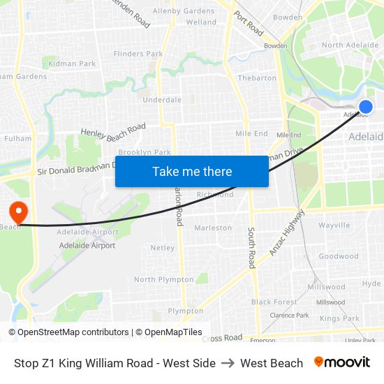 Stop Z1 King William Road - West Side to West Beach map