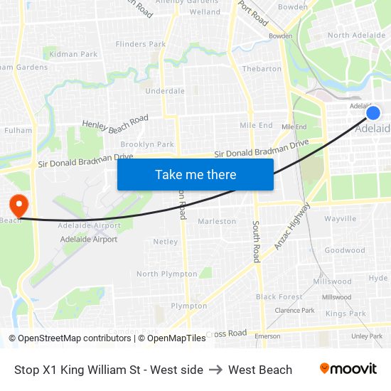 Stop X1 King William St - West side to West Beach map