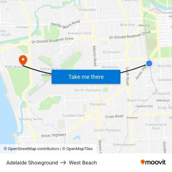 Adelaide Showground to West Beach map