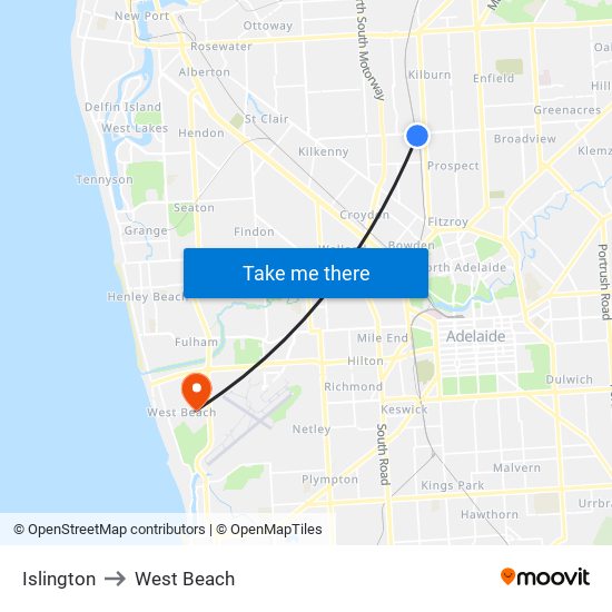 Islington to West Beach map