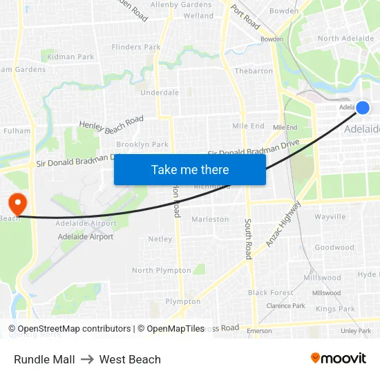 Rundle Mall to West Beach map