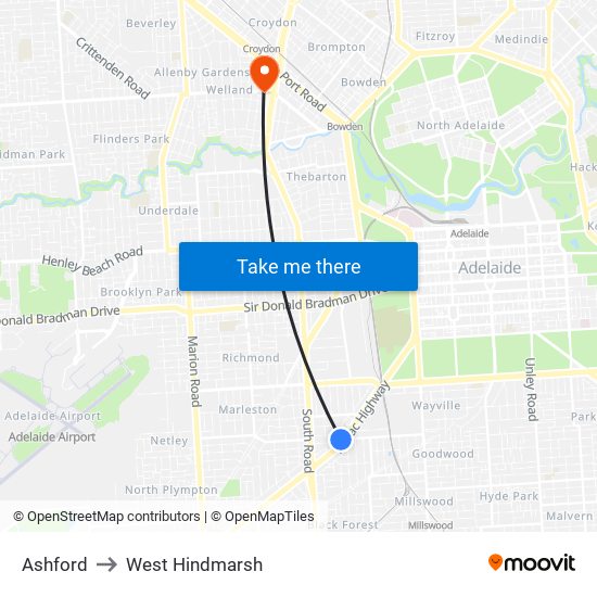 Ashford to West Hindmarsh map