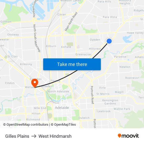 Gilles Plains to West Hindmarsh map