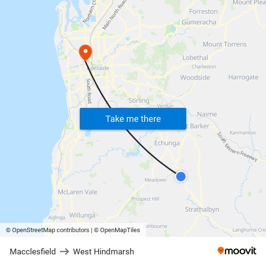 Macclesfield to West Hindmarsh map