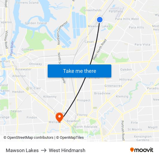 Mawson Lakes to West Hindmarsh map