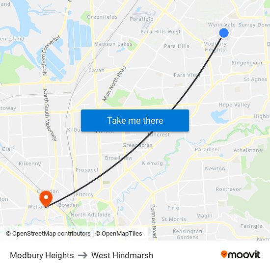 Modbury Heights to West Hindmarsh map