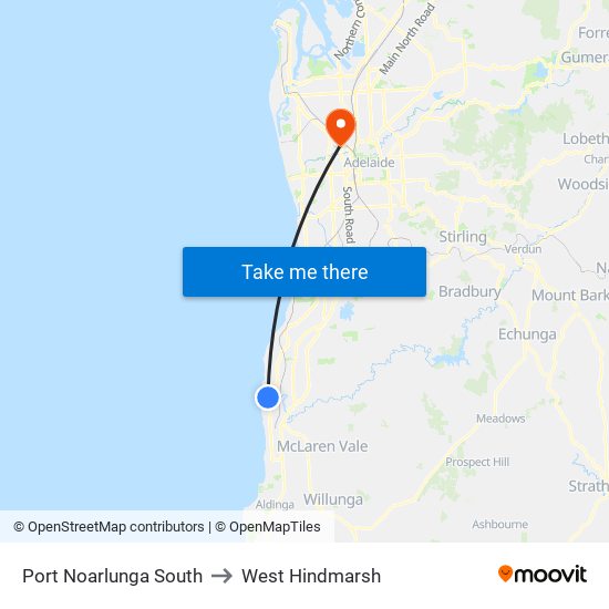 Port Noarlunga South to West Hindmarsh map