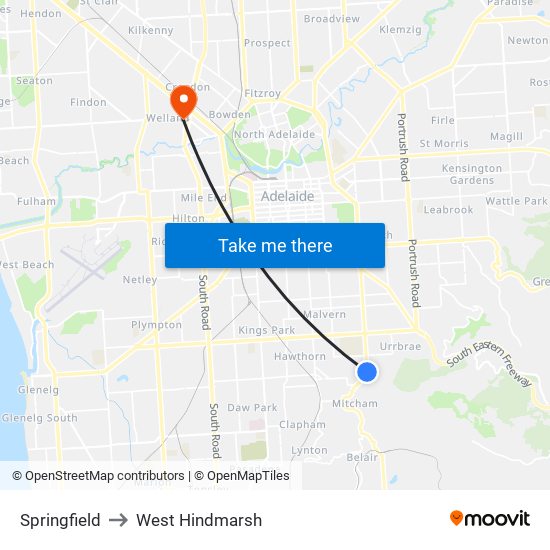 Springfield to West Hindmarsh map