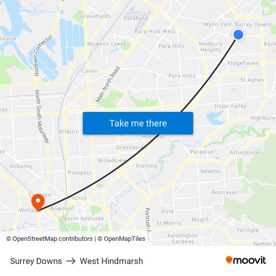 Surrey Downs to West Hindmarsh map