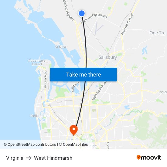 Virginia to West Hindmarsh map