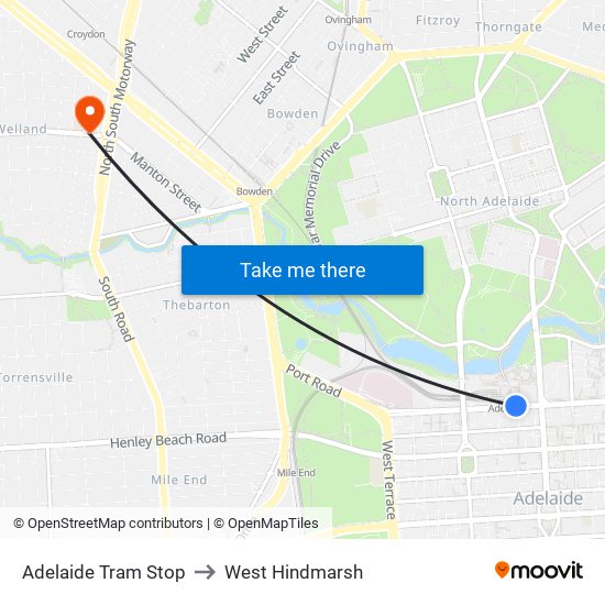 Adelaide Tram Stop to West Hindmarsh map