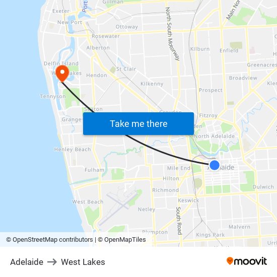 Adelaide to West Lakes map