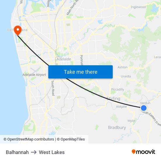 Balhannah to West Lakes map