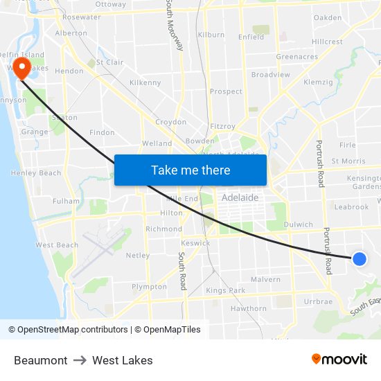 Beaumont to West Lakes map